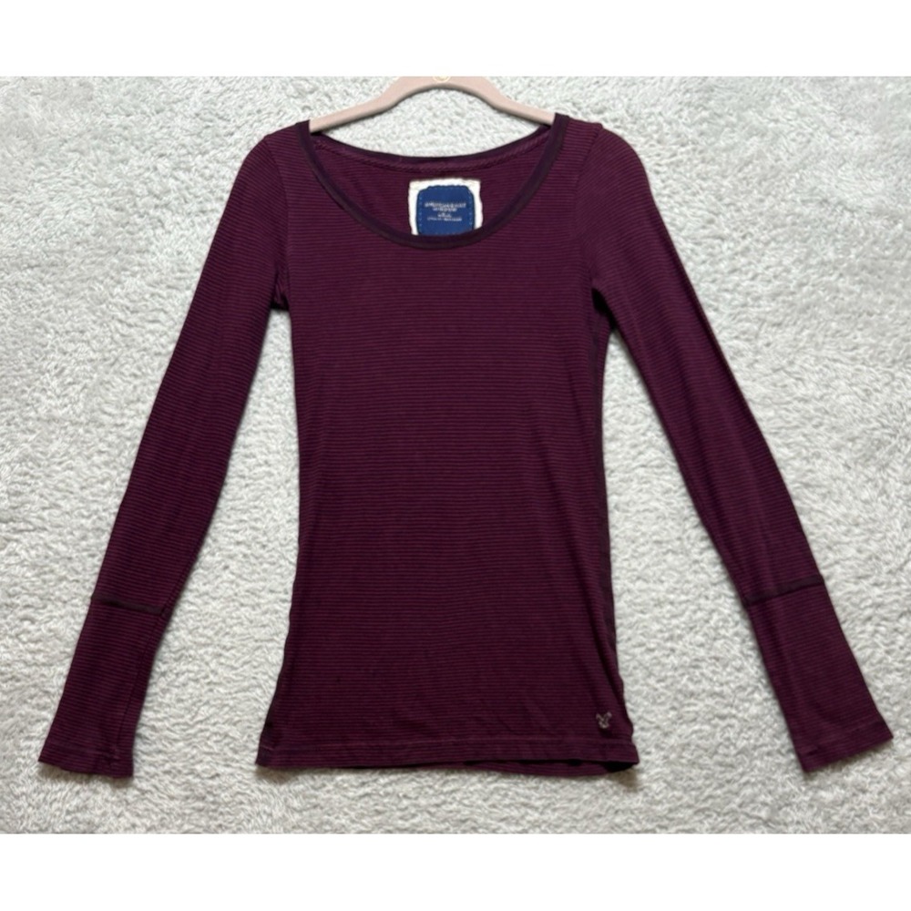 Vtg American Eagle Y2K Henley Top Gray Bella Swan Fitted Purple Striped Small